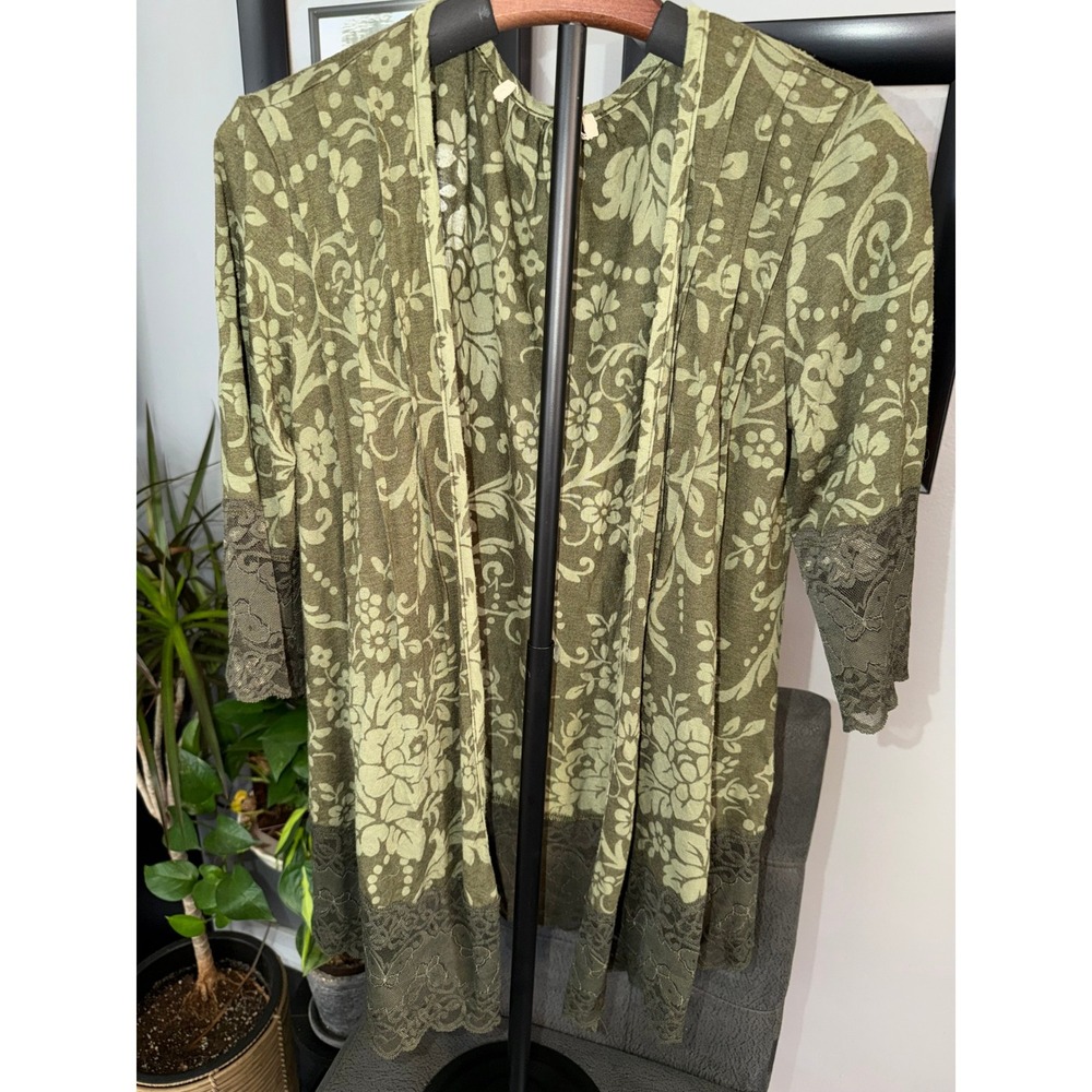 Olive Floral Lace Trim Open Front Cardigan XS Boho Lightweight Duster